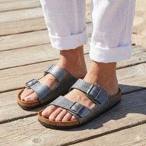 Birkenstock Arizona Sandals Women 40 9 Black Metallic Pebble Leather Slide Strap